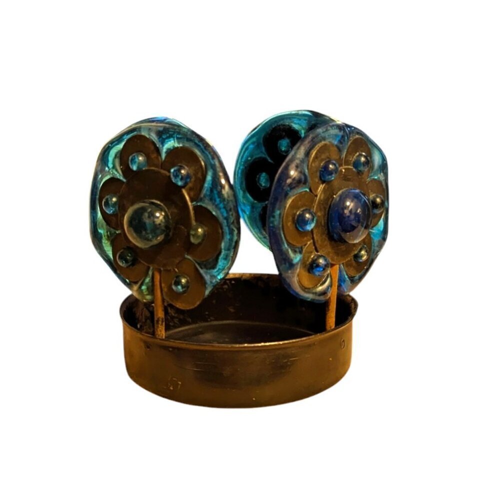 MCM Votive Candle Glass Metal Vintage Floral Holder Hippie Groovy Boho Blue